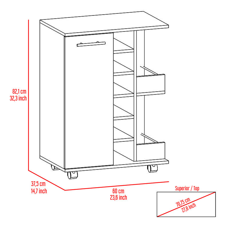 DEPOT E-SHOP Magda Bar Cart, Four Casters, Six Built-in Wine Rack, Single Door Cabinet, Two External Shelves, White