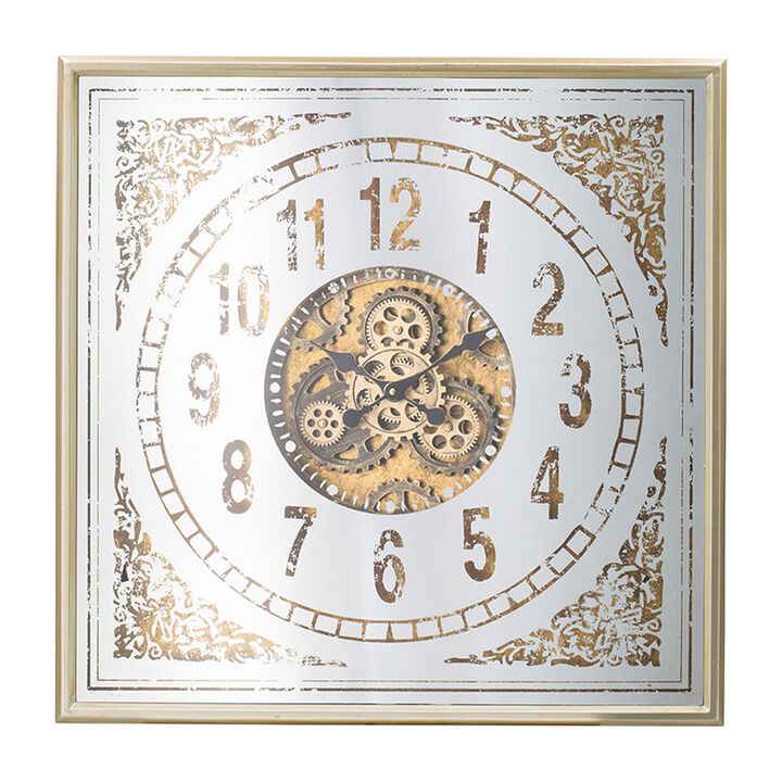 32 Inch Wall Clock, Decorative Gear Design, Square, Iron, White and Brown - Benzara 32 Inch Wall Clock, Decorative Gear Design, Square, Iron, White and Brown - Benzara
