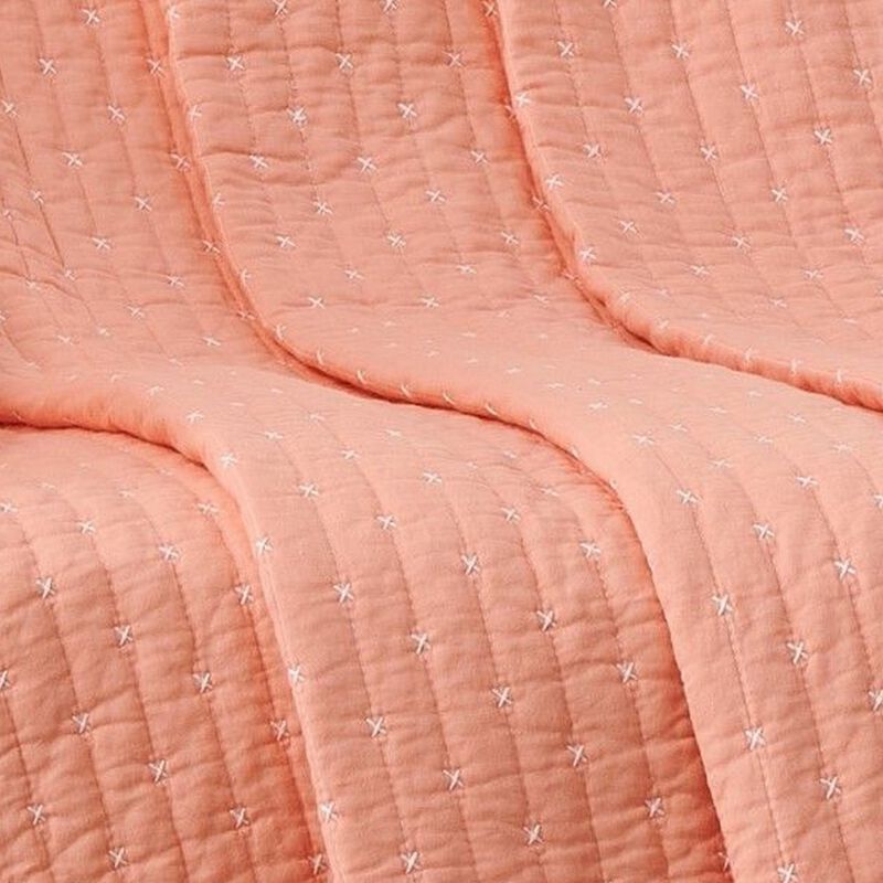 Xumi 50 x 60 Inch Quilted Throw Blanket, Channel Details, Coral Pink - Benzara