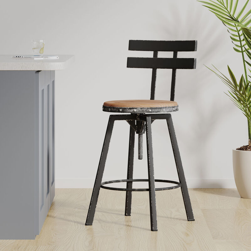 Antique Firwood and Metal Barstool with Smooth Seat Backing