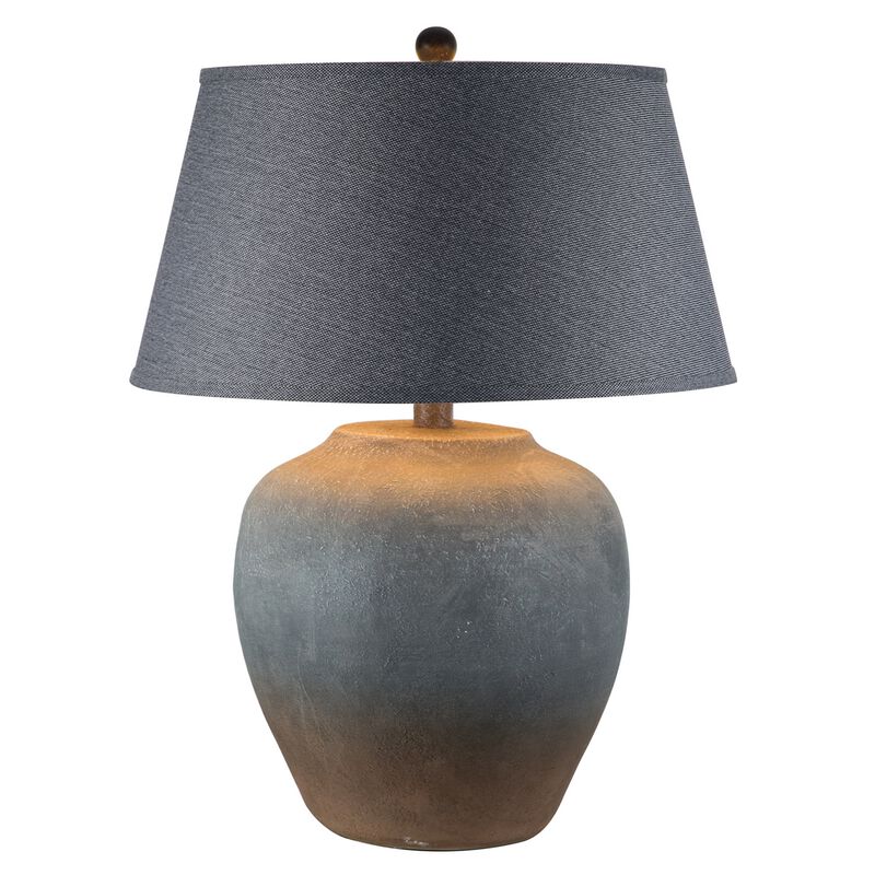 Buen 28 Inch Hydrocal Table Lamp, Black Drum Shade, Urn Base, Gray Rust - Benzara