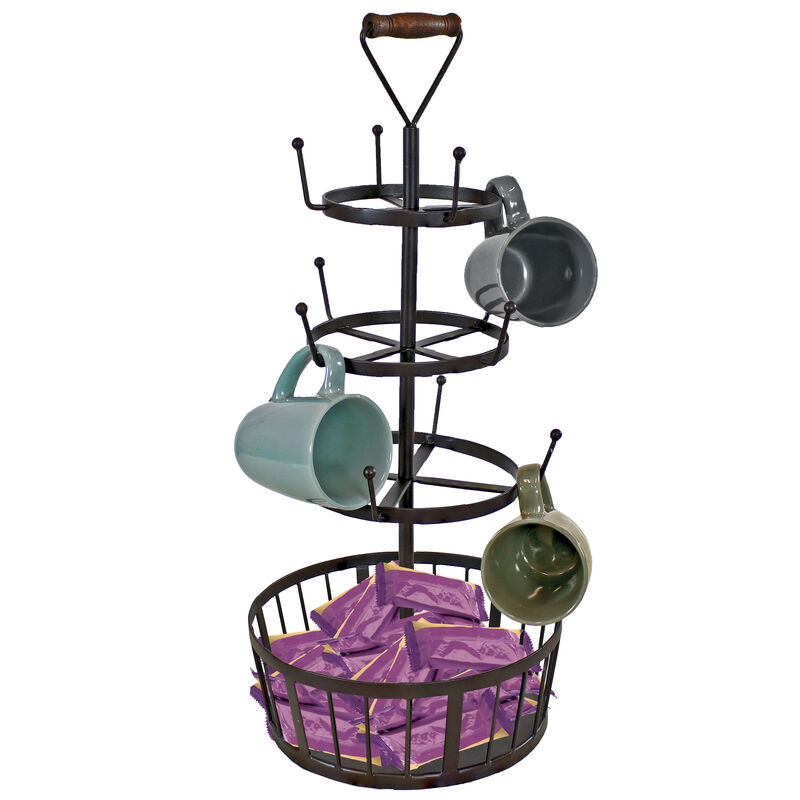 Sunnydaze Round 4-Tier Iron Coffee Mug Tree Holder with Hooks - Brown