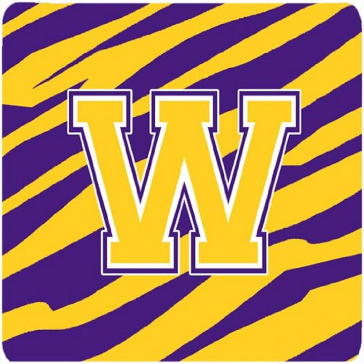 Caroline's Treasures CJ1022-WFC Monogram-Initial W Tiger Stripe-Purple Gold Foam Coasters (Set of 4), 3.5 H x 3.5 W, Multicolor
