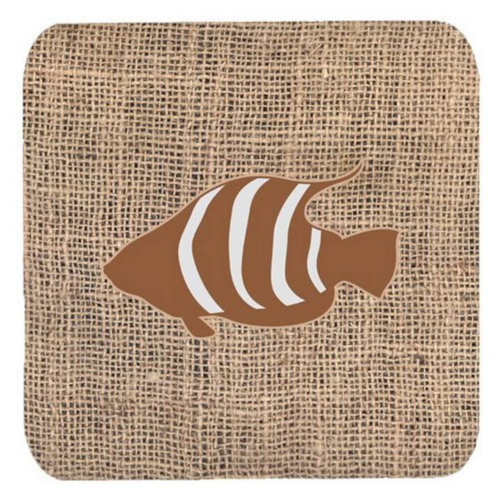 Caroline's Treasures BB1020-BL-BN-FC Fish Burlap and Brown Foam Coasters (Set of 4), 3.5 H x 3.5 W, Multicolor