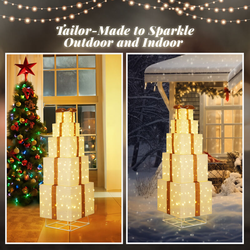 Lighted Gift Box Tower Festive Pre-Lit Stackable Decor for Christmas & Holiday Displays