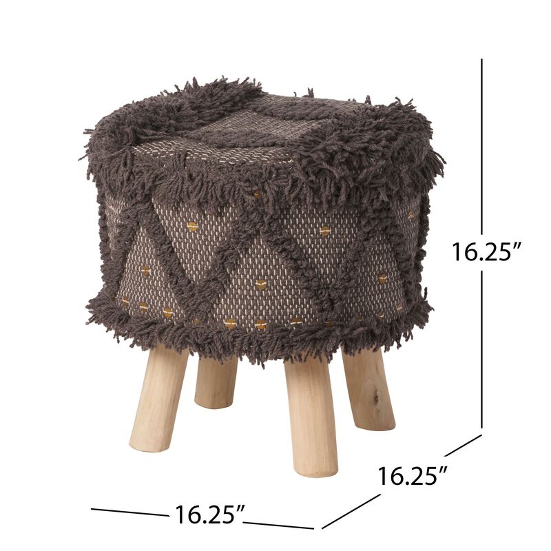 Footstool Ottoman, Handcrafted Boho Design, Brown Woven Seat, Wood - Benzara