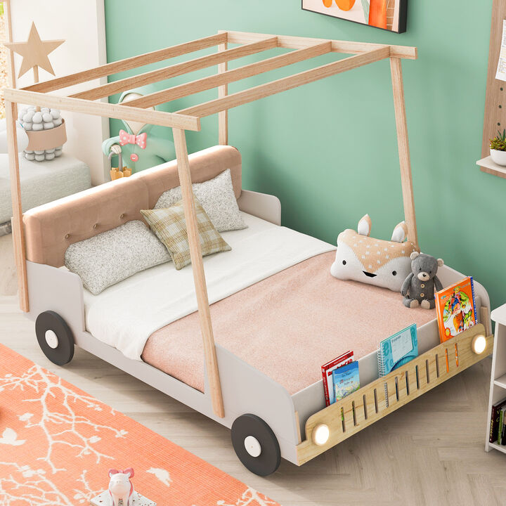 Merax Car Bed with Pillow, Ceiling Cloth and LED