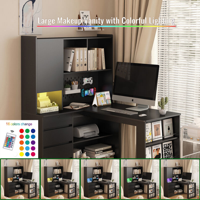 Space-Saving L-Shaped Desk with Ample Workspace, Built-In Charging Station