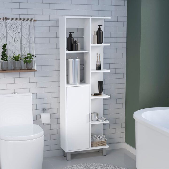 DEPOT E-SHOP Linen Bathroom Cabinet with Seven Open Shelves 63" H, One Drawer, One Door and Four legs,White