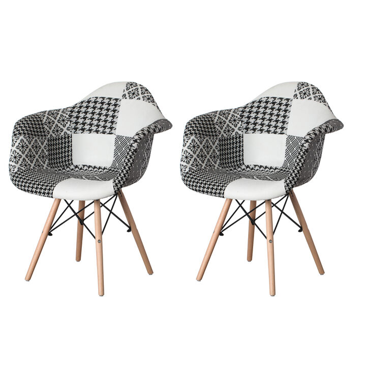Mid-Century Modern Style Fabric Lined Armchair with Beech Wooden Legs, Black and White Set 2