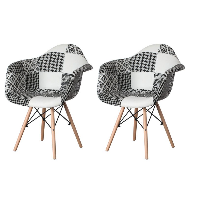 Mid-Century Modern Style Fabric Lined Armchair with Beech Wooden Legs, Black and White Set 2