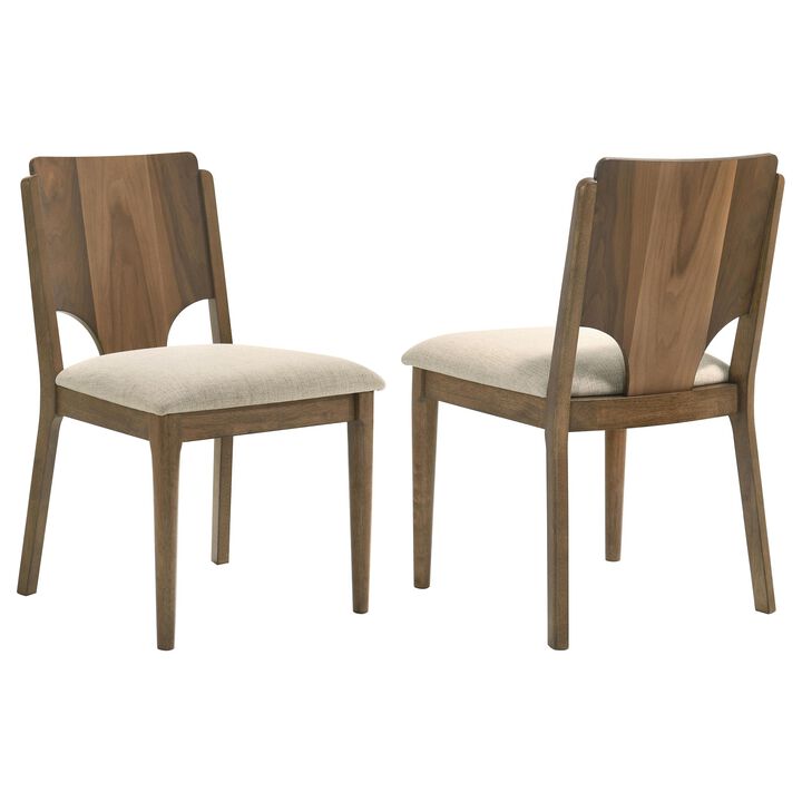 Billie Dining Chair Set of 2, Beige Fabric Seat, Brown Hardwood Frame - Benzara