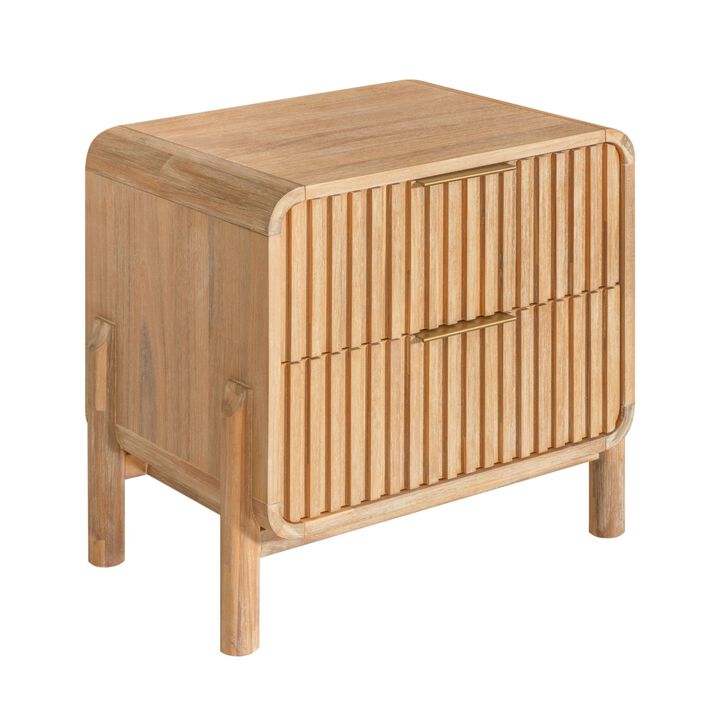 Cid Tori 24 Inch Nightstand, 2 Fluted Drawers, Gold Metal Handles, Brown - Benzara