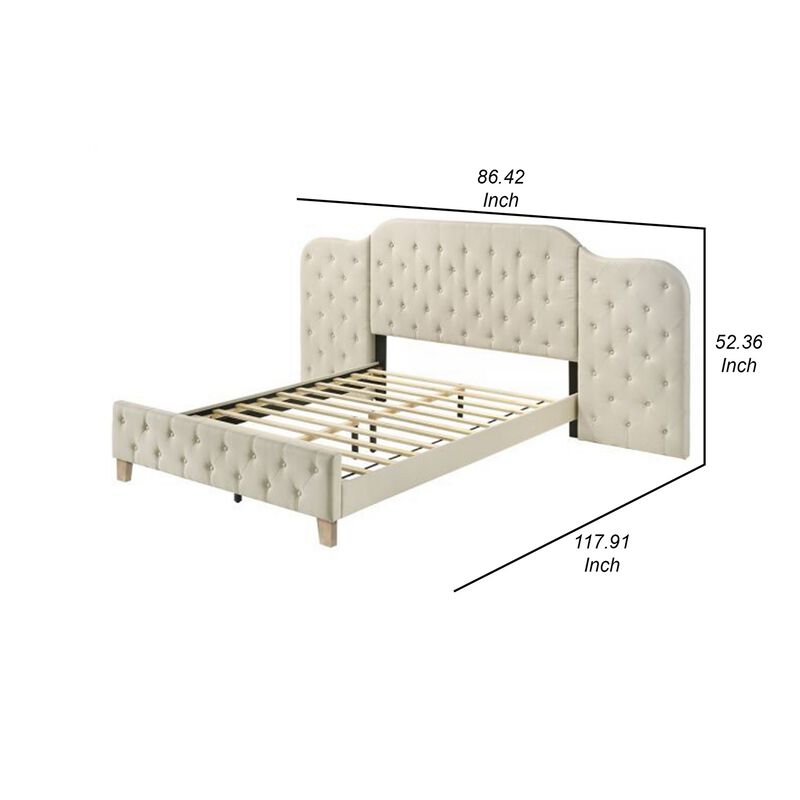 Ronny Inch Queen Size Bed, Wall Headboard, Beige Linen Tufted Upholstery - Benzara