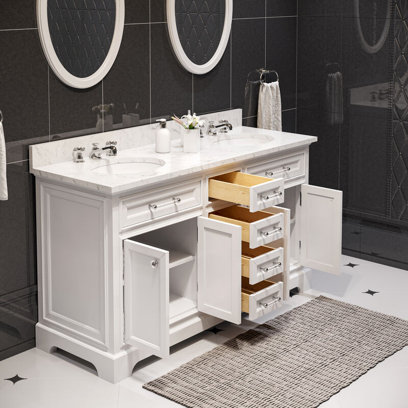 Derby 60 In. Double Sink Carrara White Marble Countertop Bath Vanity In Pure White