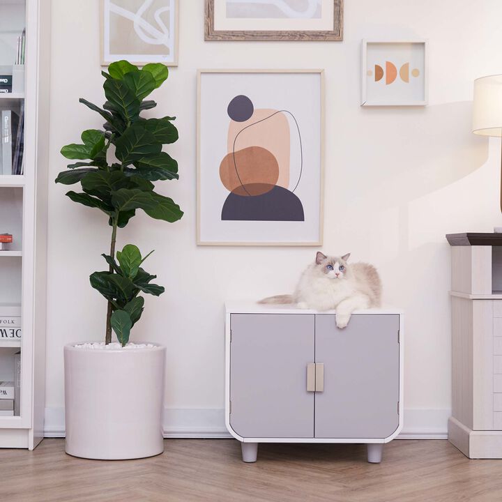 Teamson Pets Dyad Mid Century Wooden Cat Litter Box Cabinet and Side Table, Alpine White