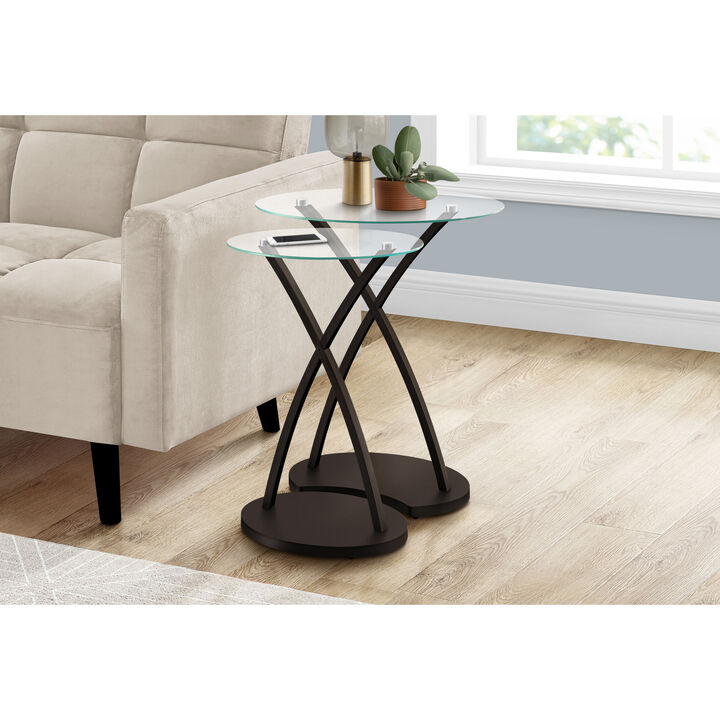 Monarch Specialties I 3013 Nesting Table, Set Of 2, Side, End, Accent, Living Room, Bedroom, Wood, Tempered Glass, Brown, Clear, Contemporary, Modern