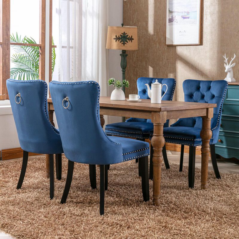 Velvet Upholstered Dining Chairs, Set of 2 – Tufted Back & Wood Legs