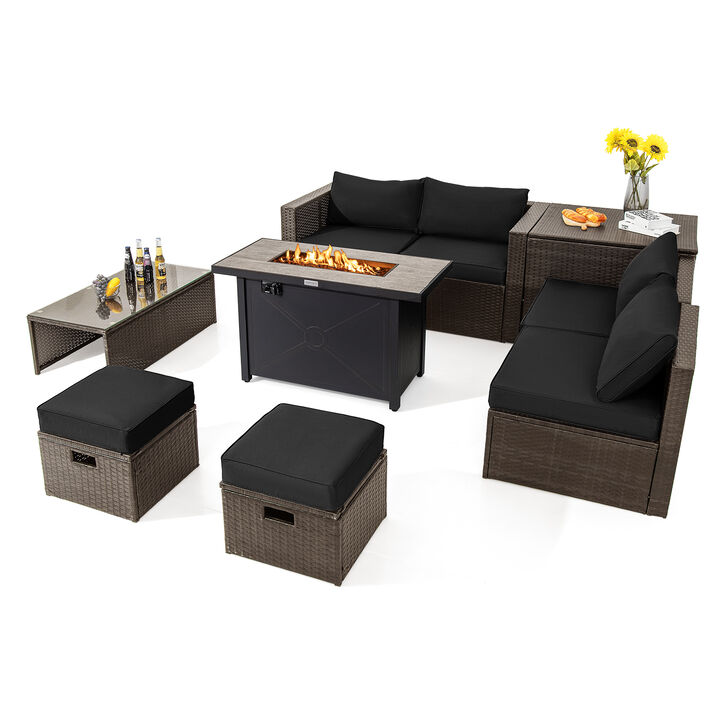 9-Piece Outdoor Patio Furniture Set with Cushions & Propane Fire Pit Table for Garden or Backyard