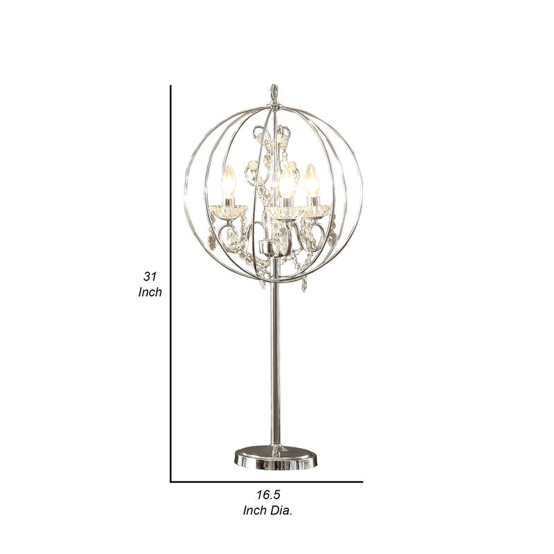 Shine 31 Inch Table Lamp, Chandelier Style, Crystal and Metal, Chrome-Benzara