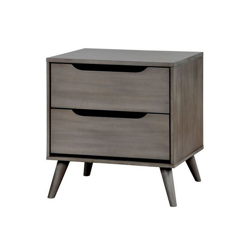 2 Drawer Wooden Nightstand with Cut Out Pulls, Gray-Benzara