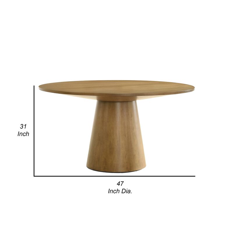 Yuvi 47 Inch Dining Table, Round Tabletop, Pedestal Base, Brown Finish - Benzara