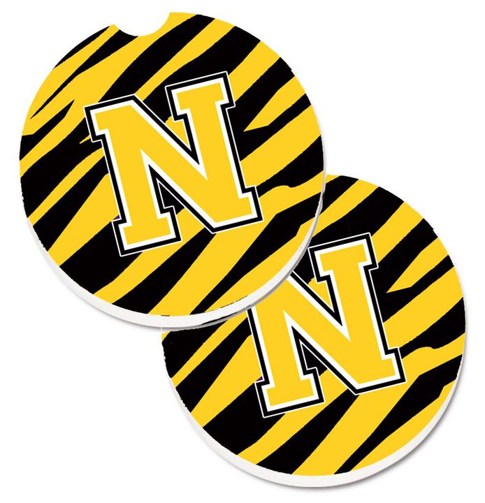Caroline's Treasures Monogram Initial N Tiger Stripe - black Gold Set of 2 Cup Holder Car Coasters CJ1026-NCARC, 2.56, Multicolor