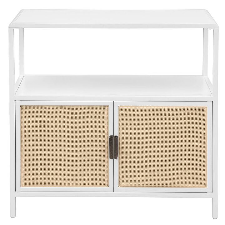 Lanie Accent Cabinet, Open Shelf and 2 Doors, PE Cane, White Metal - Benzara