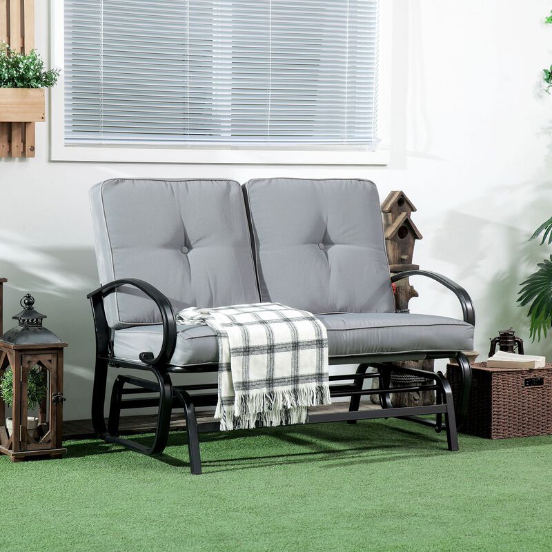 Tufted Outdoor Glider: Gray 2-Person Bench with Cushions