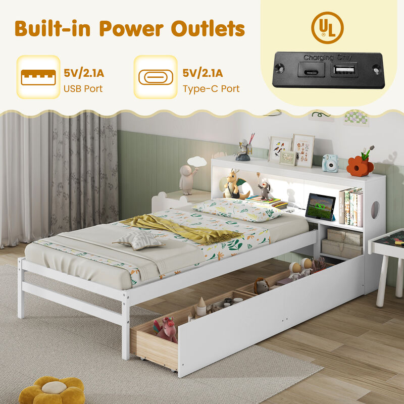 Bed Frame with LED Light and Bookcase Headboard