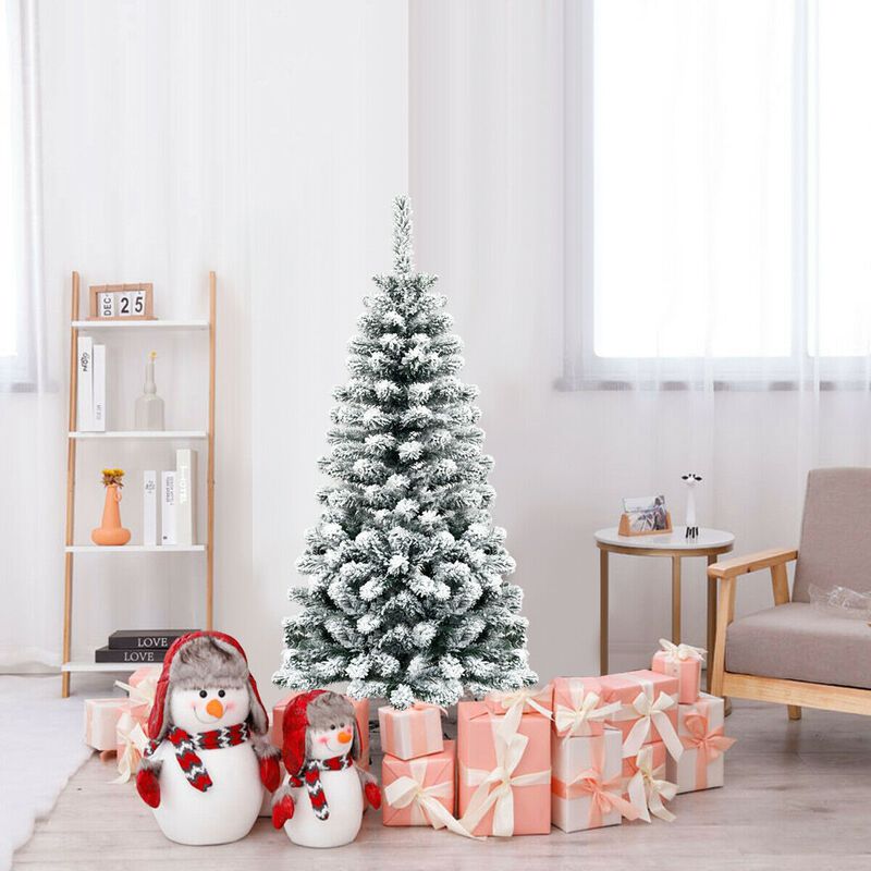 Unlit Hinged Snow Flocked Artificial Pencil Christmas Tree for Elegant and Space-Saving Winter Decor