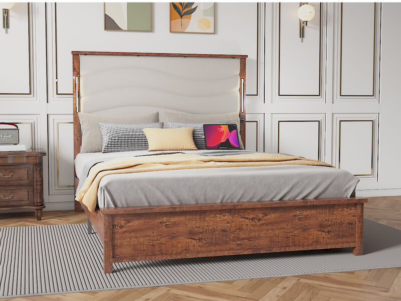Bed Frame with Upholstered Headboard, Bed Frame with Charging Station and LED Lights, Wood Slats, Beige Linen, No Box Spring Needed, Easy Assembly