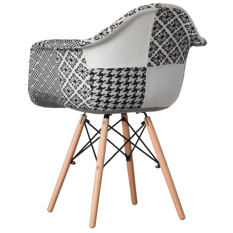 Mid-Century Modern Style Fabric Lined Armchair with Beech Wooden Legs, Black and White Set 2