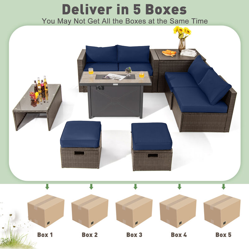 9-Piece Outdoor Patio Furniture Set with Cushions & Propane Fire Pit Table for Garden or Backyard