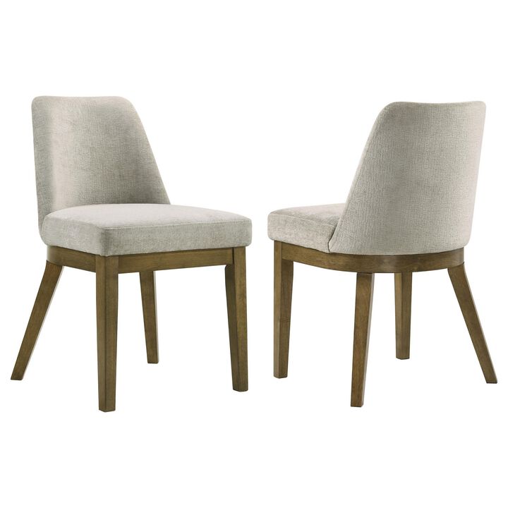 Givy Dining Armless Chair Set of 2, Tapered Legs, Oak Brown Wood, Tan - Benzara