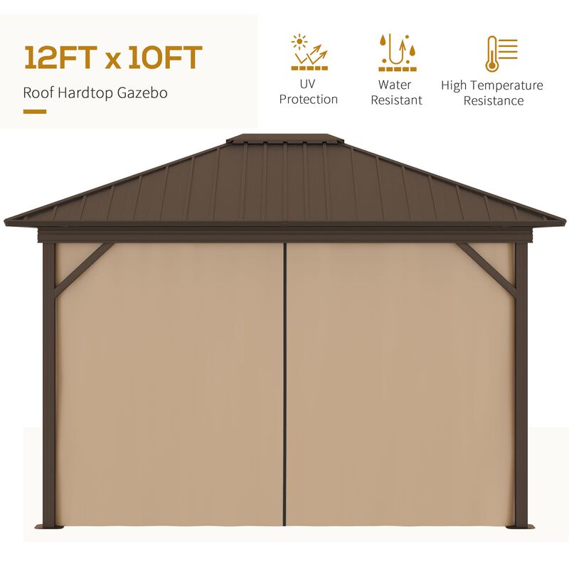 Brown Garden Pavilion: 10'x12' Hardtop Gazebo with Steel Roof & Curtains