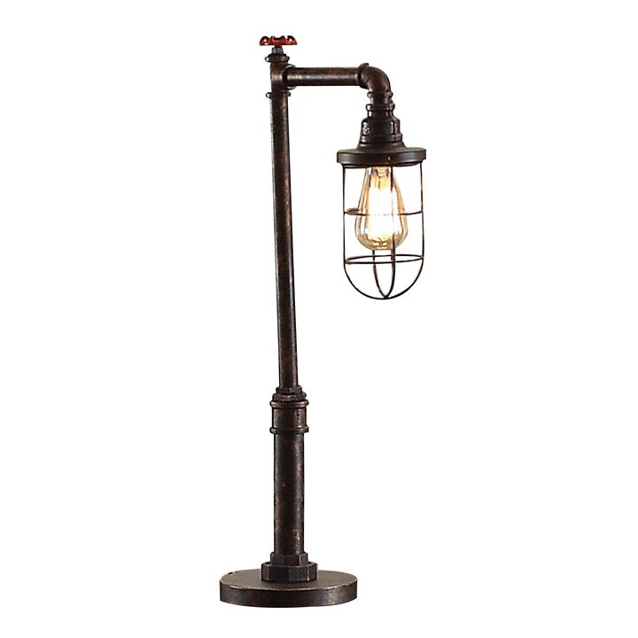 29 Inch Table Lamp, Dome Shade, Industrial Pipe Design, Rustic Bronze-Benzara
