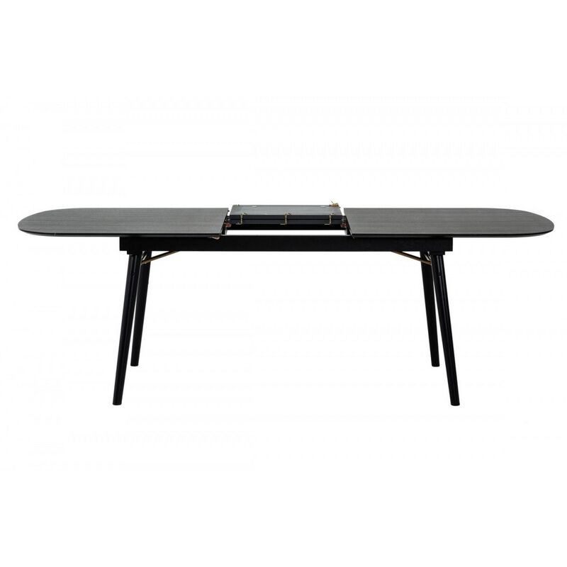 Obround Top Wooden Dining Table with Extendable Leaf, Charcoal Gray - Benzara