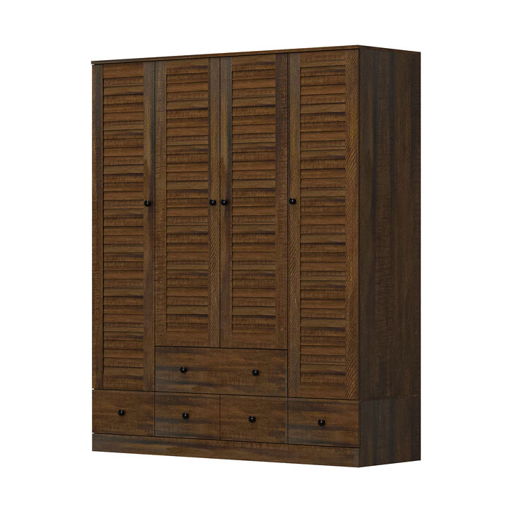 Brown Wood 59 in. W Shutter Doors Armoires Wardwore Farmhouse Style with 5-Drawers, Hanging Rod (70.5 in. H x 19 in. D)