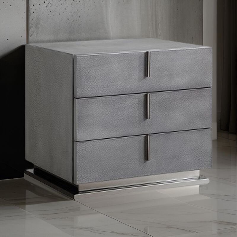 Cid Jely 24 Inch Nightstand, 3 Drawers, Crackled Lacquer Texture, Gray-Benzara