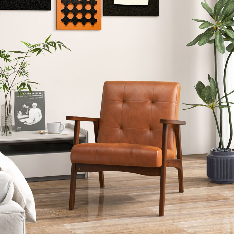 Mid Century Modern Accent Chair with Solid Rubber Wood Frame and Leather Cover