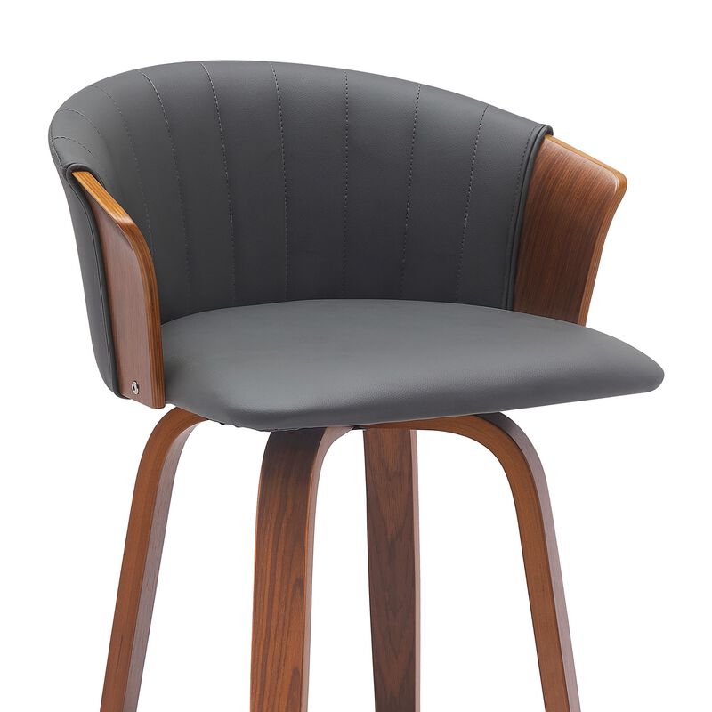 Oja 30 Inch Swivel Barstool Chair, Gray Faux Leather, Curved, Walnut Brown - Benzara