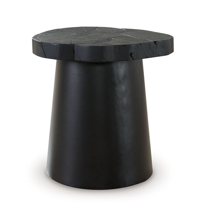 Wim Side End Table, Live Edge Black Acacia Wood, Metal, Round 23 Inch - Benzara
