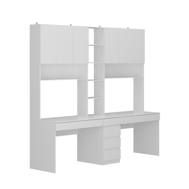 94.5 in. W Large 2-in-1 Wood Double Computer Desk White Writing Desk with 86.6" Tall Bookshelf, Drawers for Home Office