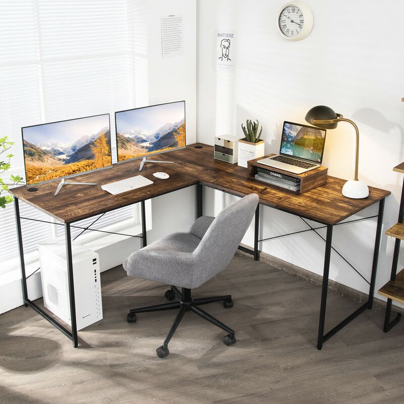 95 Inch 2-Person L-Shaped Long Reversible Computer Desk with Monitor Stand