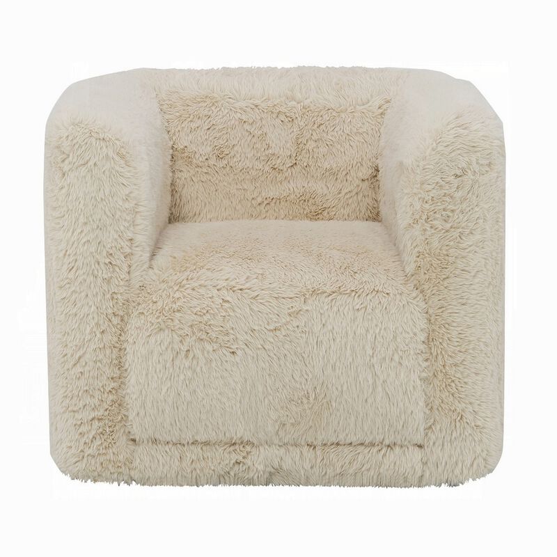 Savoir Swivel Accent Chair, Modern Soft Furry Beige Fabric, Round Arms - Benzara