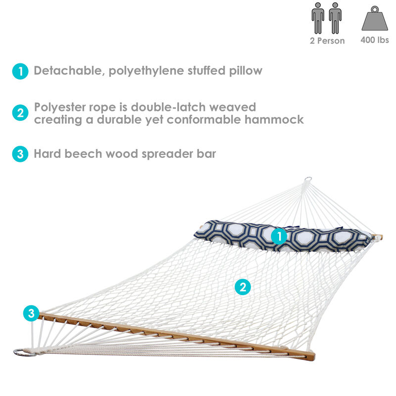 Sunnydaze Large Polyester Rope Hammock with Spreader Bar and Pillow - White