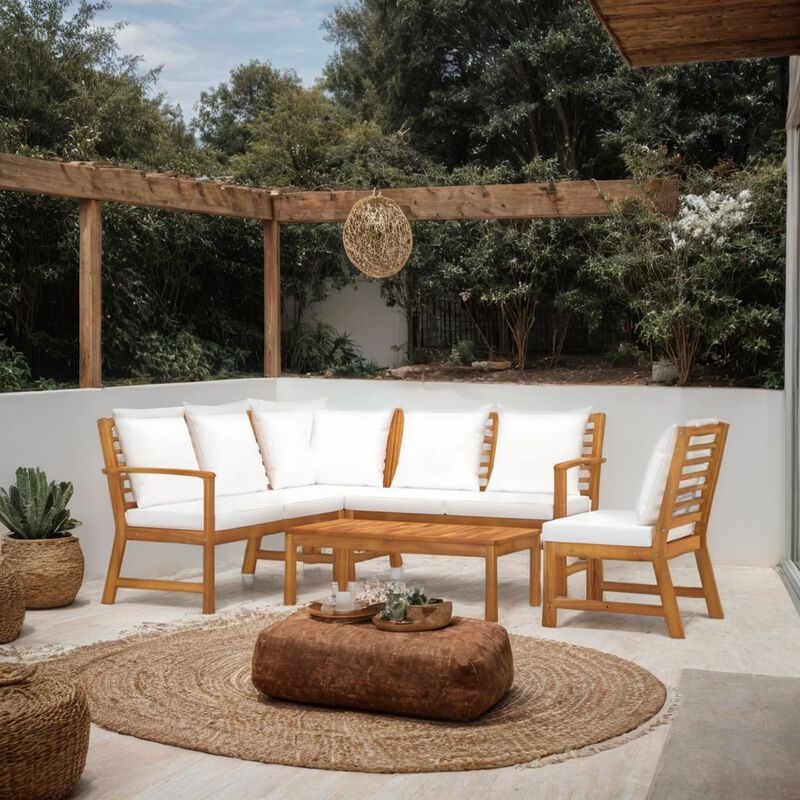 Roma 5pc Modular Outdoor Sofa and Table Set, Solid Acacia Wood, White - Benzara