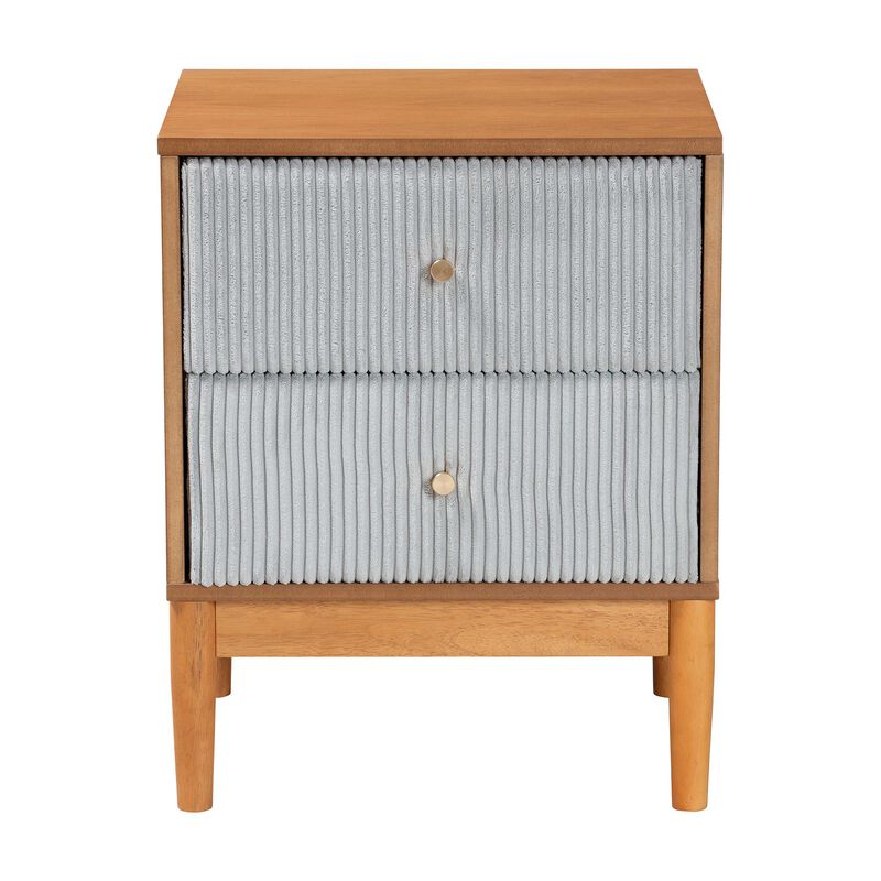 Baxton Studio Taylin Mid Century Grey Corduroy and Oak Brown Wood 2 Drawer Nightstand