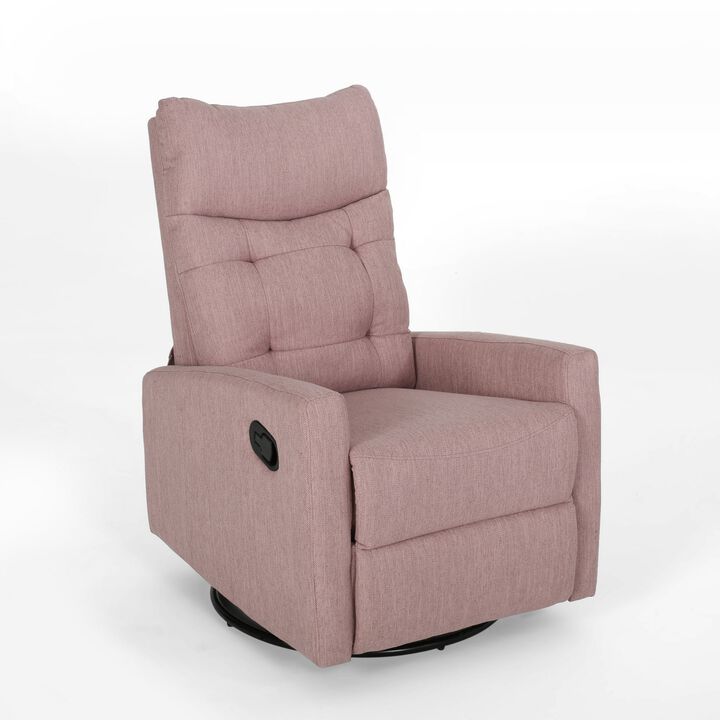 Push Back Glider Recliner Chair with Swivel, Blush Pink Tufted Fabric -Benzara